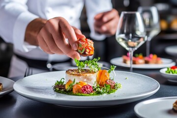 Chef finishing gourmet fish dish with microgreens and candied apricot