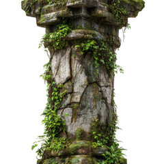 Ancient stone column overgrown with vines ruins nature isolated on transparent background, png