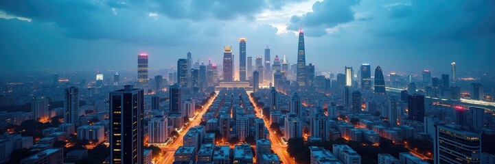 Obraz premium A panoramic cityscape view at twilight.