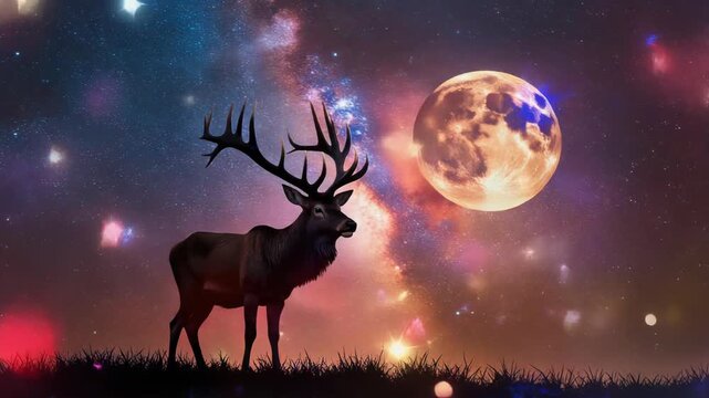 Majestic stag is standing in the foreground with its large antlers silhouetted