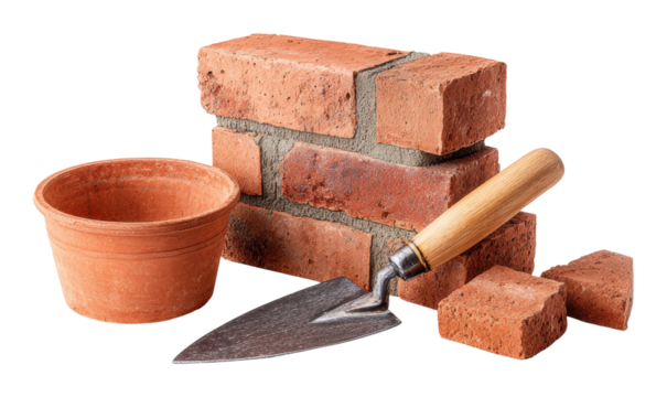 Bricklaying action with tools and pot home workshop creative setup isolated on transparent background, png