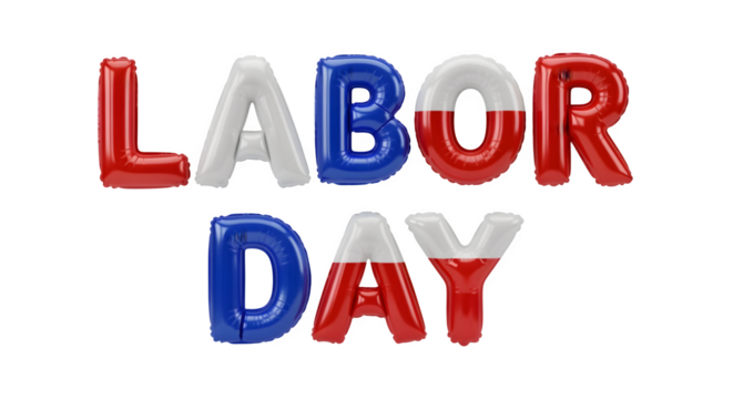 3D glossy balloon text spelling “LABOR DAY”, isolated on white background - Powered by Adobe