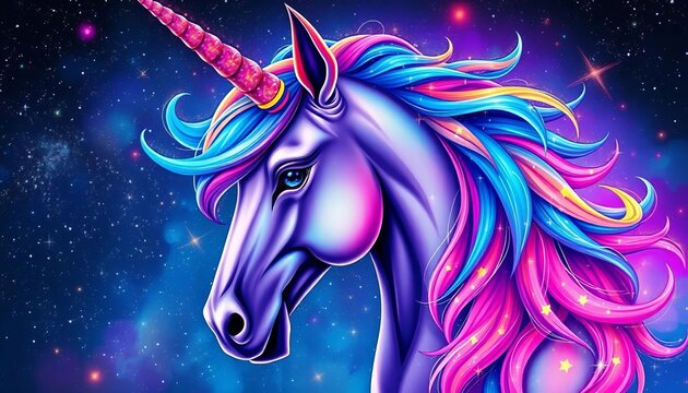 Vibrant unicorn head, cosmic mane, starry night, fantasy art, stars, image - Powered by Adobe