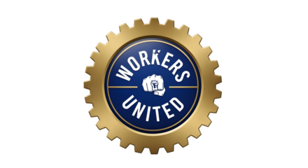 Badge with “WORKERS UNITED” text and gear border, isolated on white background