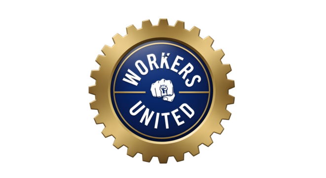 Badge with “WORKERS UNITED” text and gear border, isolated on white background - Powered by Adobe