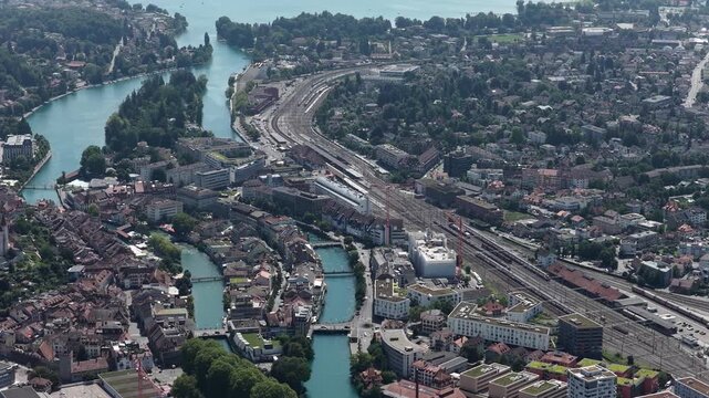 Thun, Switzerland, city views at the lake with Alps in the background.