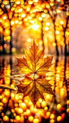 Golden autumn maple leaf rests on shimmering water reflecting glowing forest trees