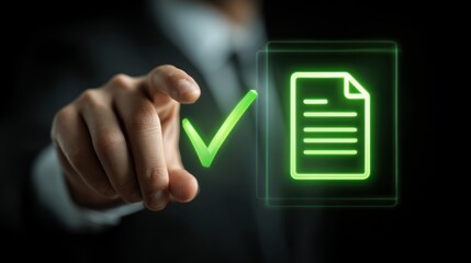 Close-up of a hand in a suit, pointing towards a glowing green checkmark and document icon on a dark background, symbolizing approval or verification