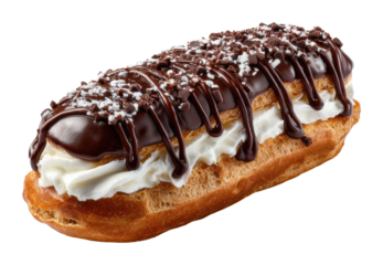 Delicious chocolate eclair dessert bakery food isolated on transparent background, png