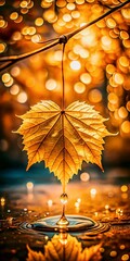 Autumn Leaf Falling Water Droplet Reflection Season Beauty
