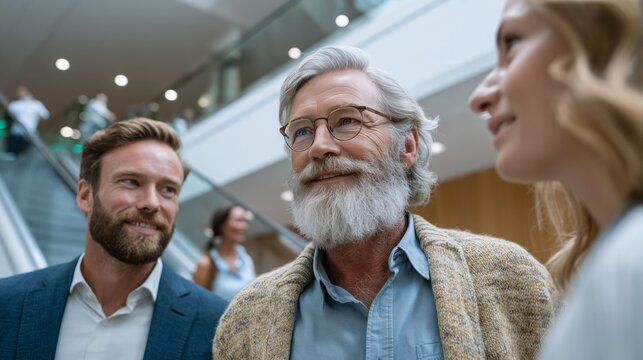 Businesspeople talking strategy in modern office building lobby