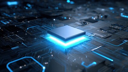 High-tech circuit board with glowing central chip