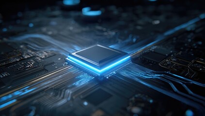 Close-up of a circuit board with a central chip