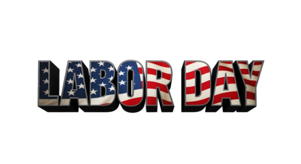 Bold Labor Day typography with American flag overlay, isolated on white background