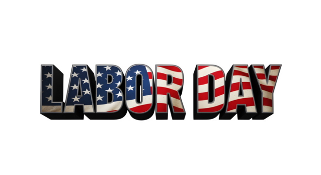 Bold Labor Day typography with American flag overlay, isolated on white background