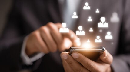 Businessperson using smartphone to connect with network of people online digital communication technology concept