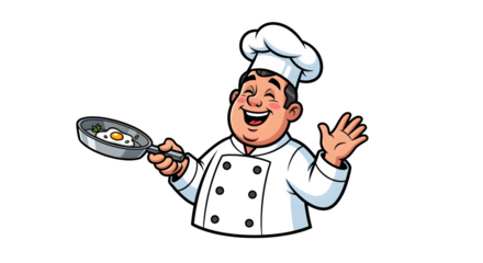Cartoon-style chef smiling with pan, isolated on white background