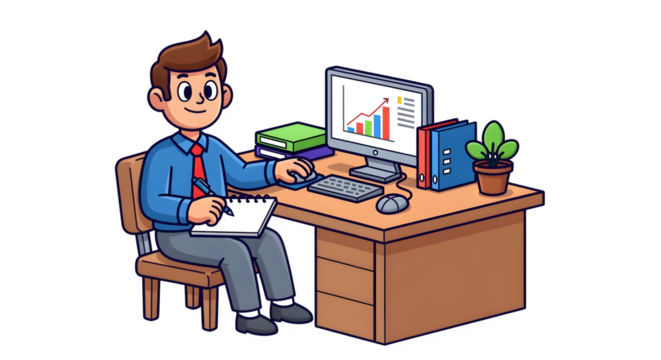 Cartoon office worker sitting at desk, isolated on white background