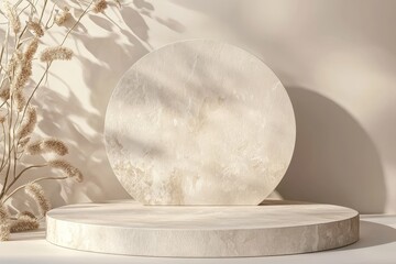 Minimalist podium with round marble background in beige tones, elegant empty display scene for product presentation and sophisticated design