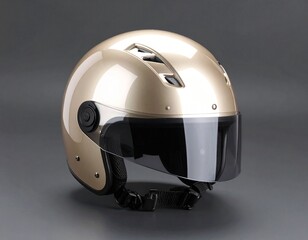 Fototapeta premium Golden Protective Gear: A sleek, metallic-gold motorcycle helmet, exuding safety and style, with a dark visor set against a neutral backdrop, promising protection and confidence for every ride. 