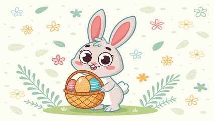 Adorable Cartoon Easter Bunny Holding a Basket of Decorated Eggs