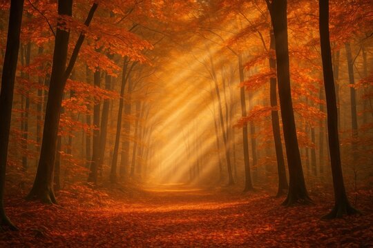 Sunlit autumn forest path.