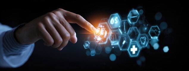 Hand interacting with a glowing medical interface