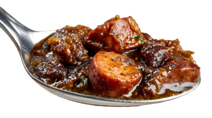 A close-up spoonful of rich, hearty gumbo with savory Andouille sausage in a dark roux. This isolated, flavorful shot is perfect for Cajun restaurant menus.