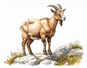 Obraz premium Majestic Goat on Stone: A single, powerful goat stands proudly on a stone, its keen eyes surveying its domain. This lifelike illustration is filled with intricate details.