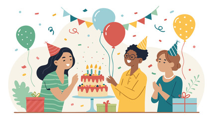 Friends Celebrating a Birthday with Cake Balloons and Gifts