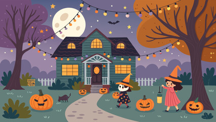 Festive Halloween Scene Featuring a House Pumpkins and Children
