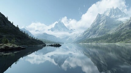 Fototapeta premium “Mountainous Landscapes Reflected on a Calm Lake – Serene Nature Scene”