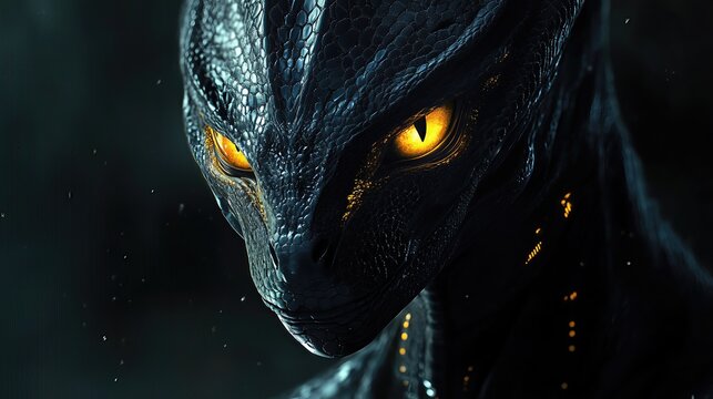 reptilian creature with intense glowing eyes. The dark background adds to its enigmatic charm.