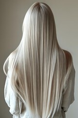 Naklejka premium Back view of long platinum blonde straight hair on woman wearing white robe against neutral background, showing smooth texture and length reaching lower back.
