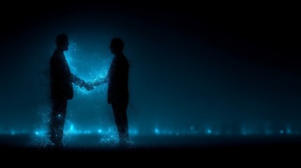 Two silhouetted figures shaking hands with digital particle effects,
