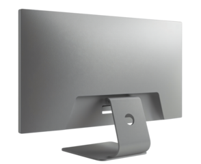 The rear view of a modern, silver, flat-panel computer monitor with a sleek, minimalist stand, showcasing its clean design and technological sophistication.
