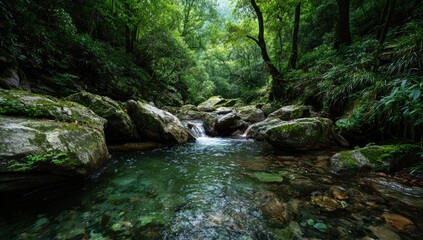 Lush forest creek flowing through rocks