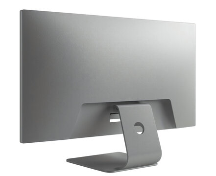 The rear view of a modern, silver, flat-panel computer monitor with a sleek, minimalist stand, showcasing its clean design and technological sophistication.