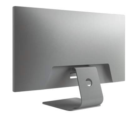 The rear view of a modern, silver, flat-panel computer monitor with a sleek, minimalist stand, showcasing its clean design and technological sophistication.