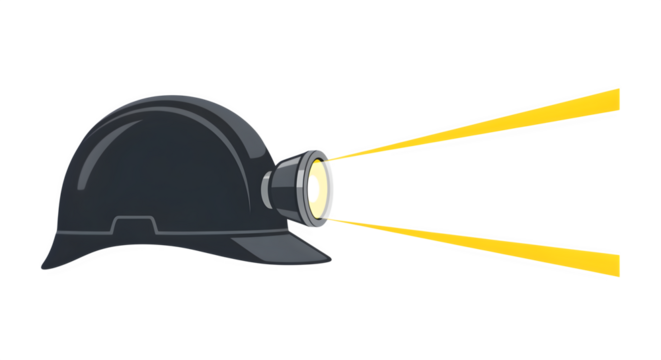 Flat miner helmet with light beam, isolated on white background