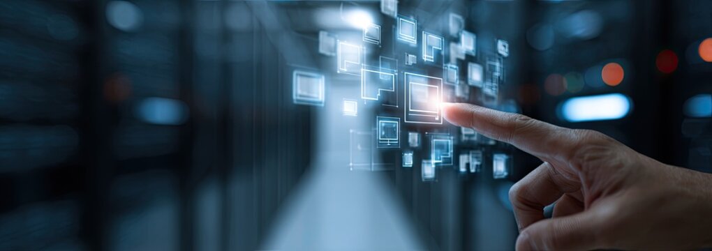 Hand interacting with a digital interface in a server room