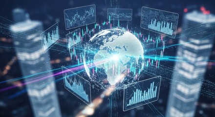 Global financial markets data analysis with futuristic technology overlay