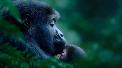 Mountain gorilla mother gently holding sleeping baby against her chest in misty green forest habitat, showcasing tender maternal care and protection in wildlife.
