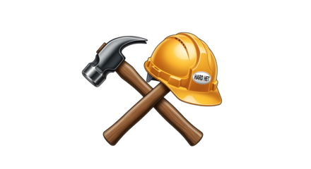 Industrial hammer and hard hat crossed together in emblem style, isolated on white background