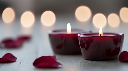 Glowing burgundy candles in glass holders with scattered rose petals on white surface, soft bokeh lights in background create romantic atmosphere.