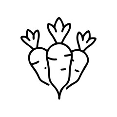 Three cartoon style radishes with green tops in simple outline design  