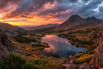 Stunning mountain lake panorama at sunset