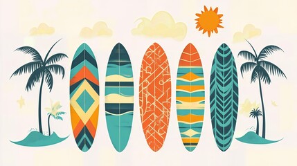 surfboards, palm trees, and bright sun illustration. vibrant summer design. Perfect for beach lovers!