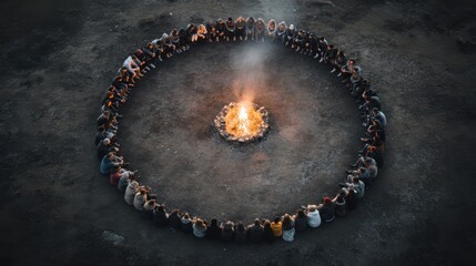 A group of people sits in a circle around a campfire, creating a warm and communal atmosphere against a dark background.