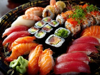 A large platter of assorted sushi